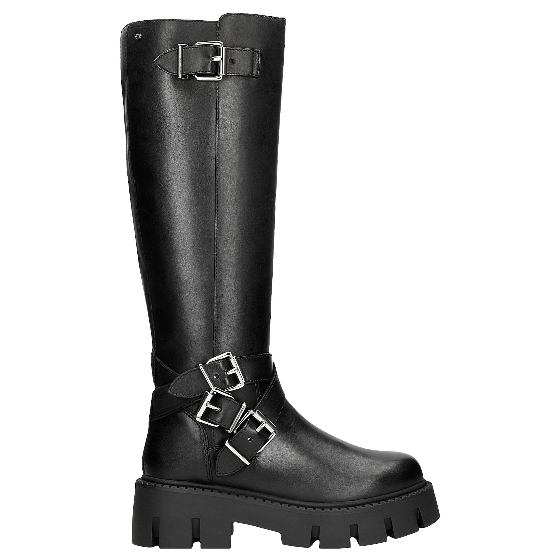 Cizme negre din piele tip biker cu catarame argintii