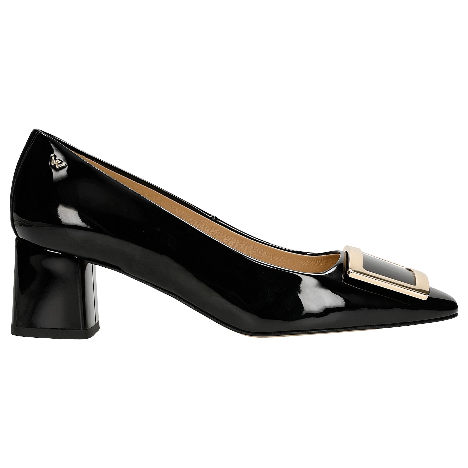 Pantofi stiletto negri lăcuiți cu decor auriu