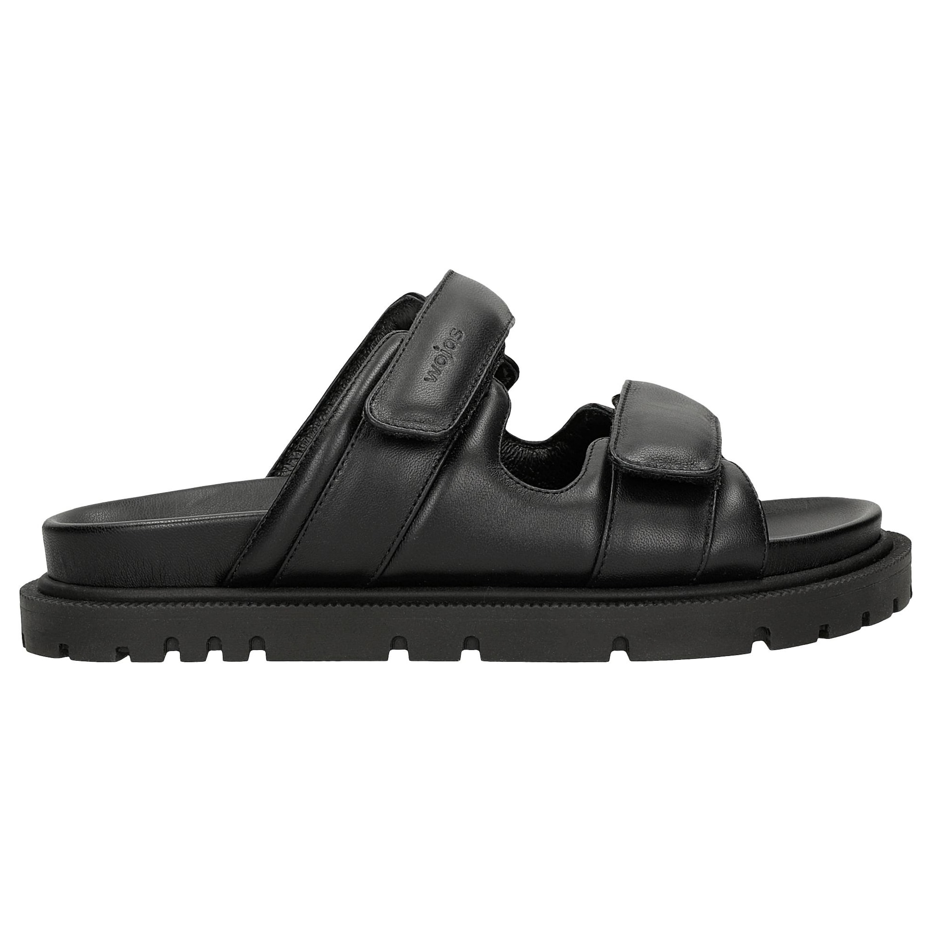 Șlapi negri din piele cu închidere la velcro damă