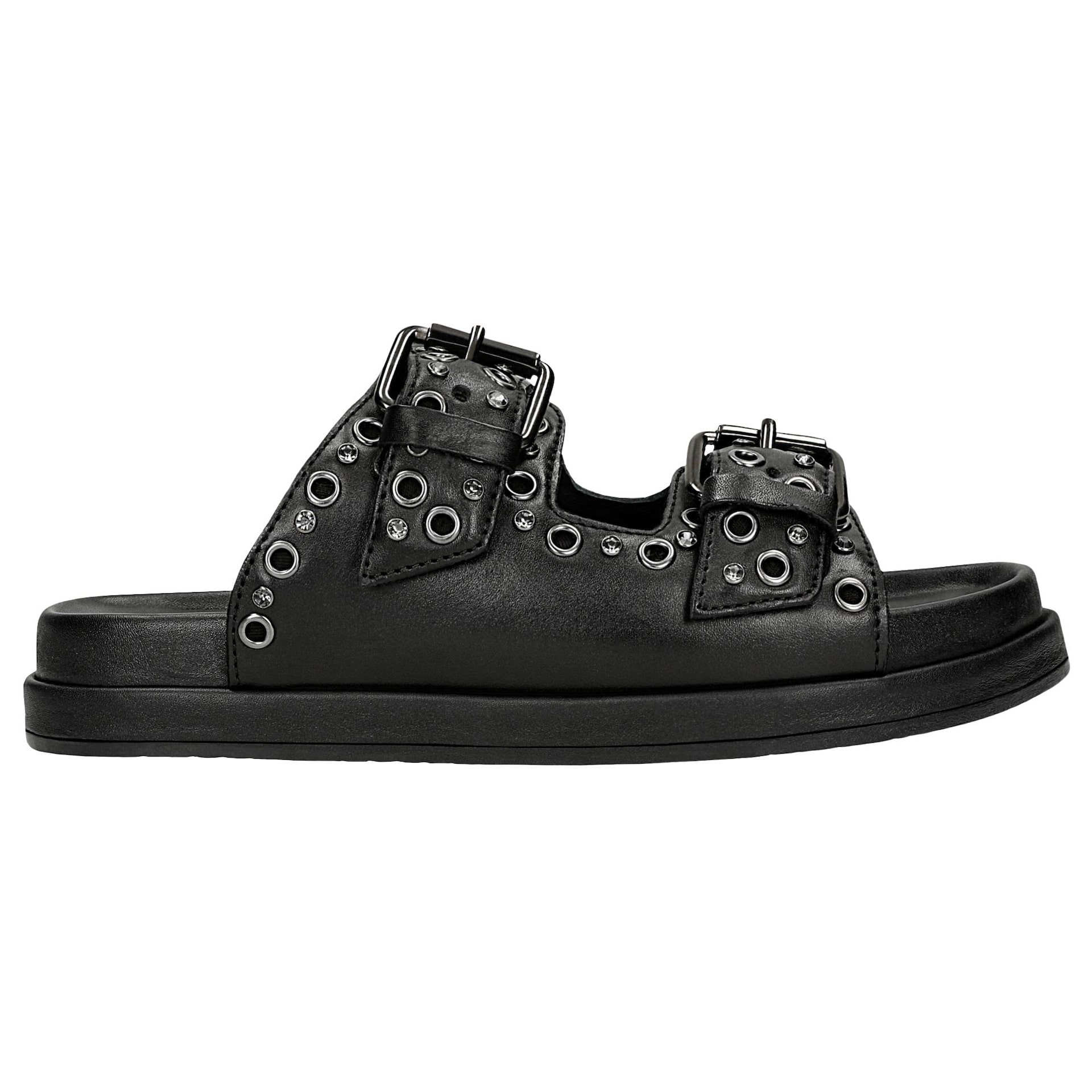 Șlapi negri din piele granulată cu nituri aurii