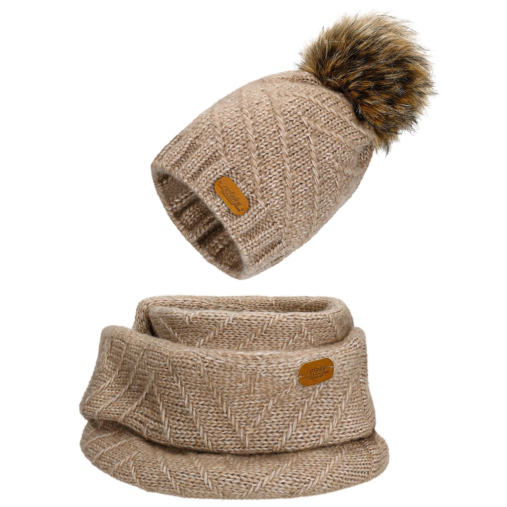 Set bej cu pompon+fular horn RELAKS