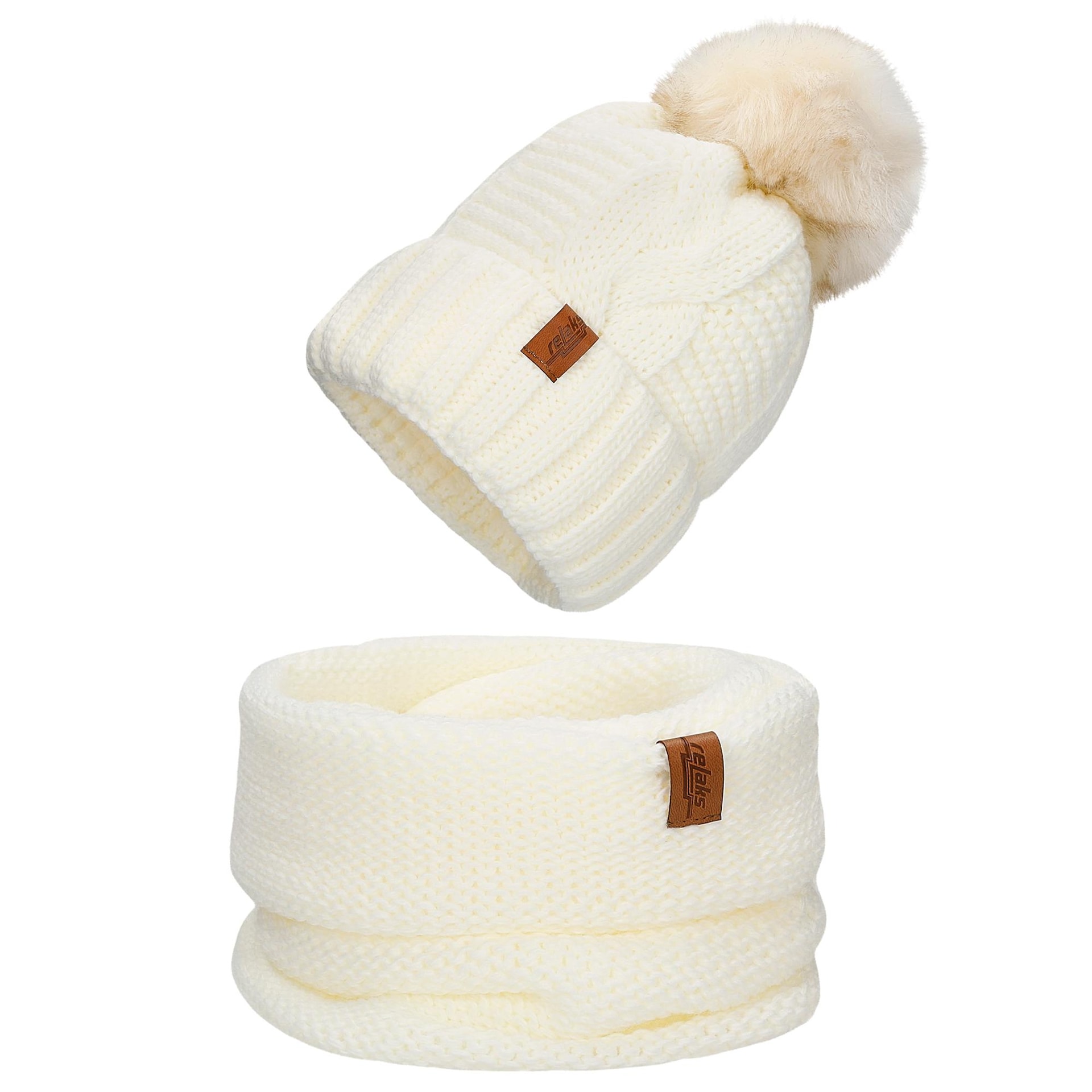 Set alb căciulă cu pompon și fular horn RELAKS