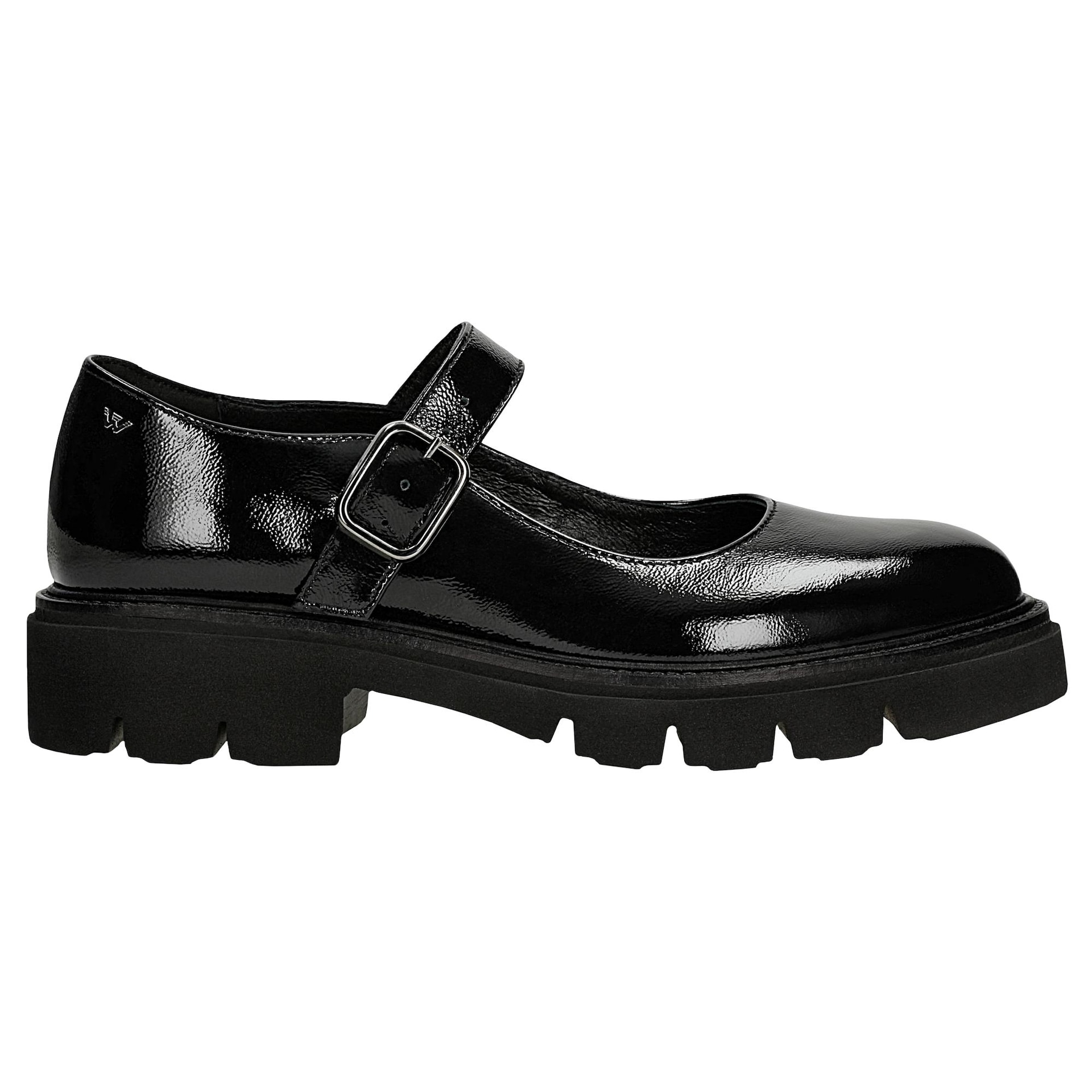 Pantofi negri din piele lăcuită cu curea pe gleznă