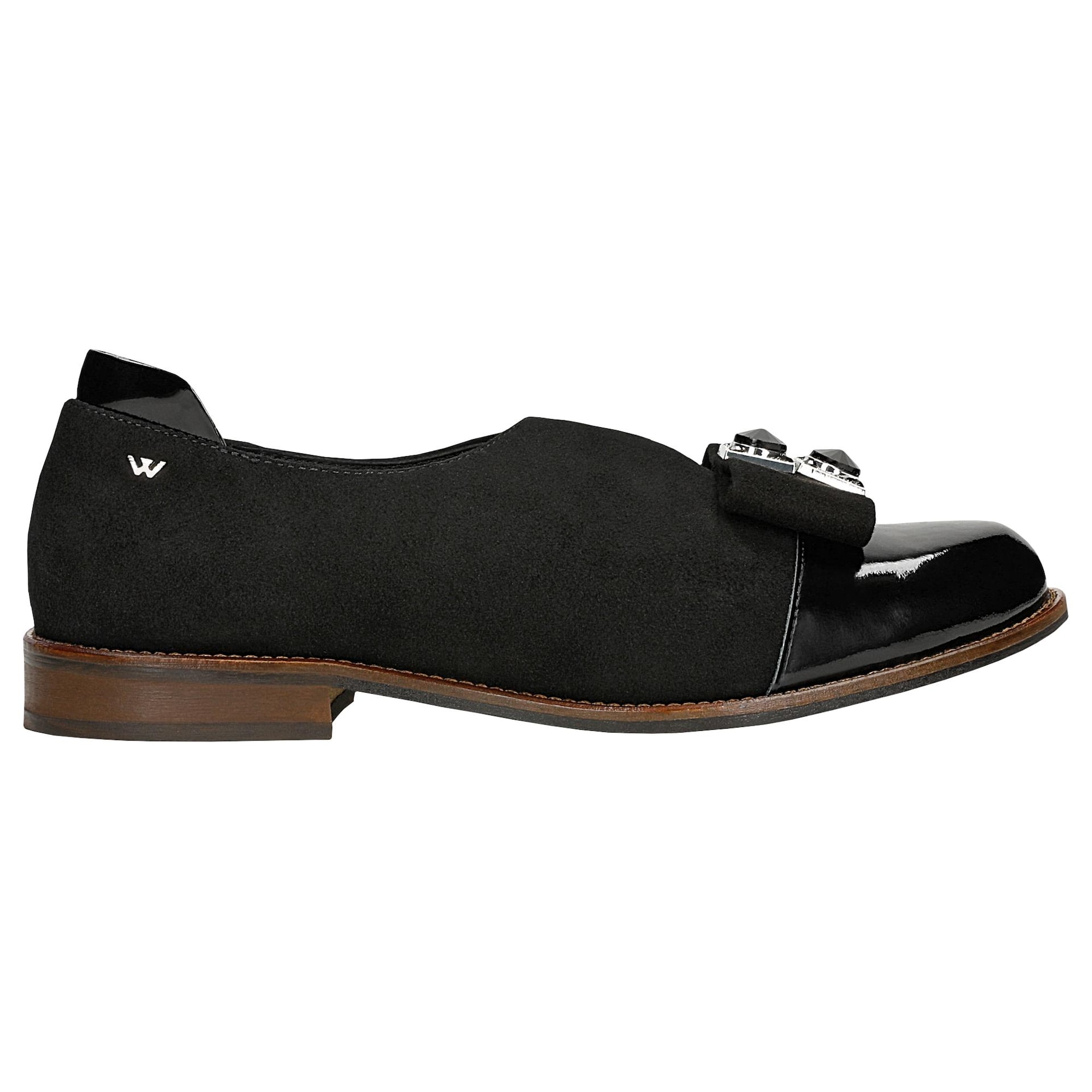 Pantofi slip-on de damă culoare neagră, cu decupaj decorativ și fundiță