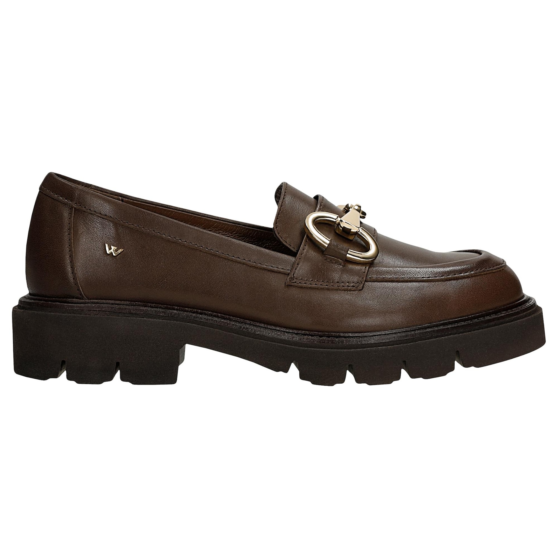 Mocasini maro din piele cu decor auriu