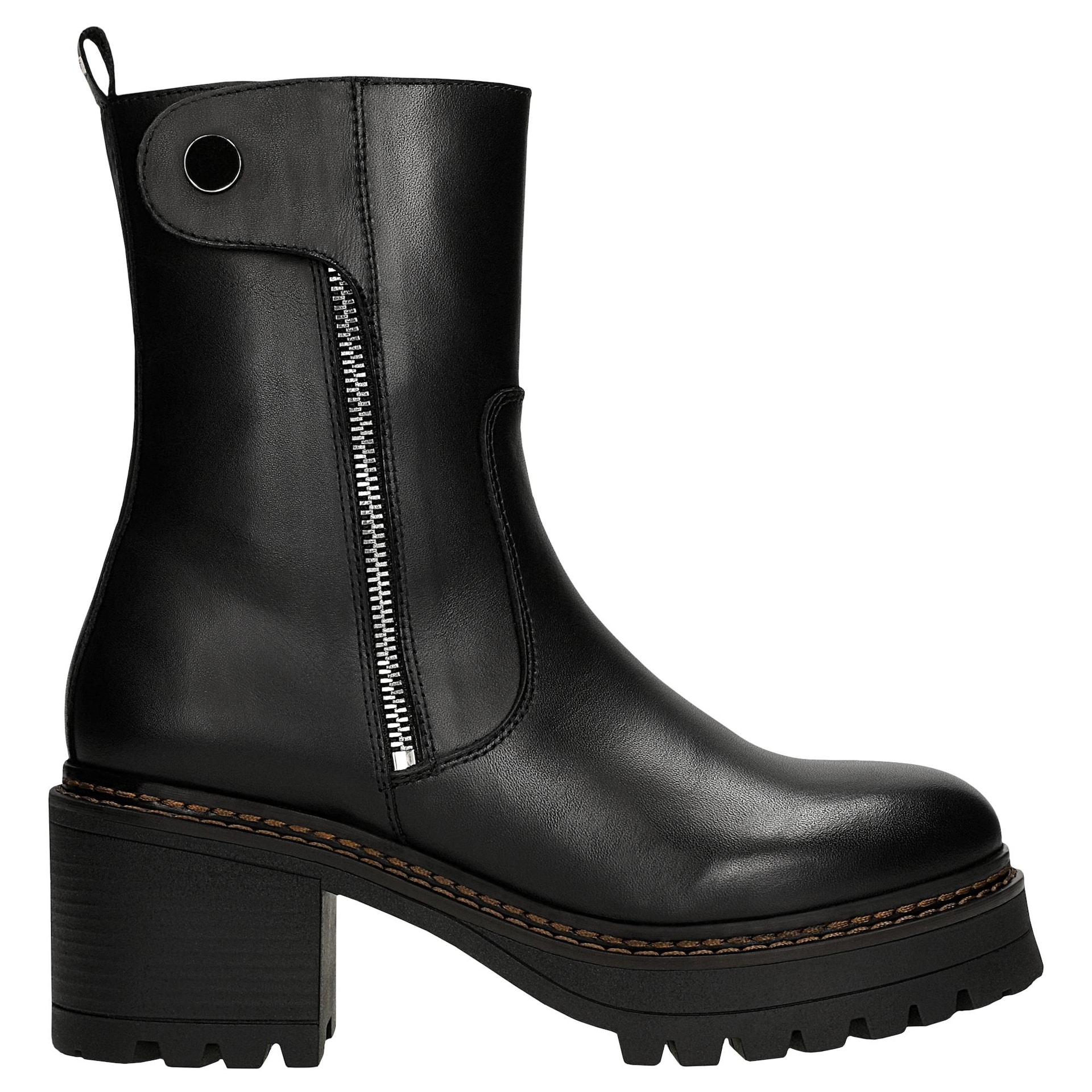 Botine negre din piele cu toc gros