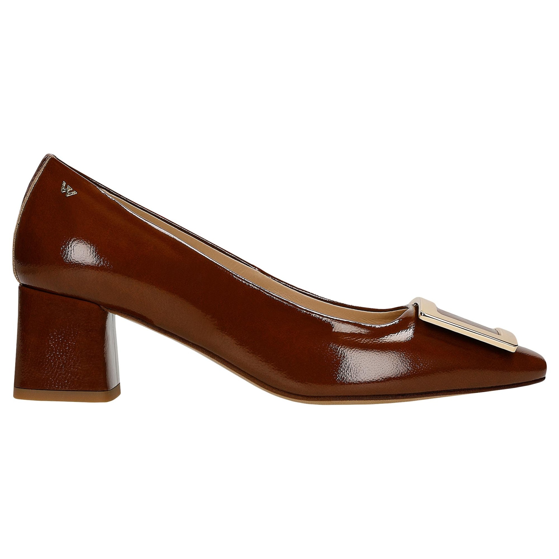 Pantofi stiletto maro cu decor metalic auriu