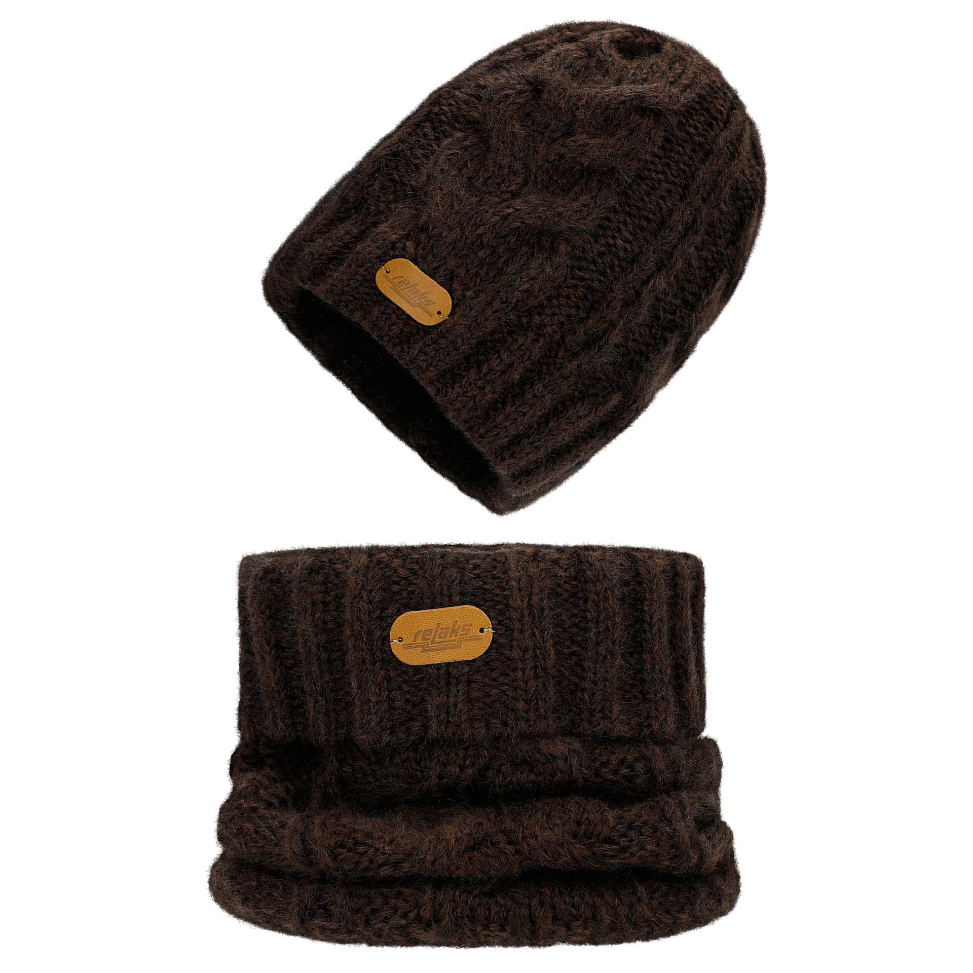 Set RELAKS ciocolatiu căciulă + fular tubular cu lână merino