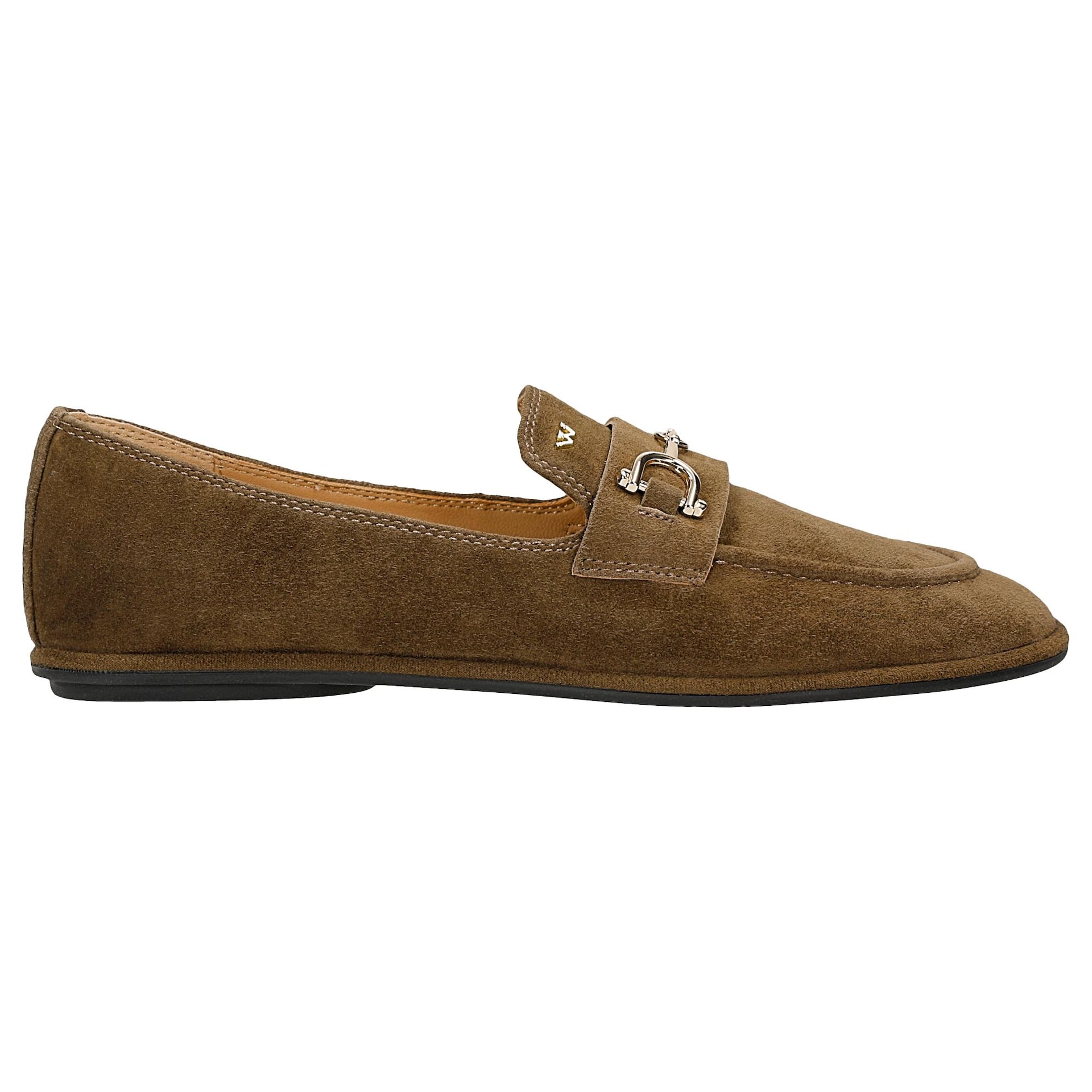 Mocasini damă maro cu ornament auriu