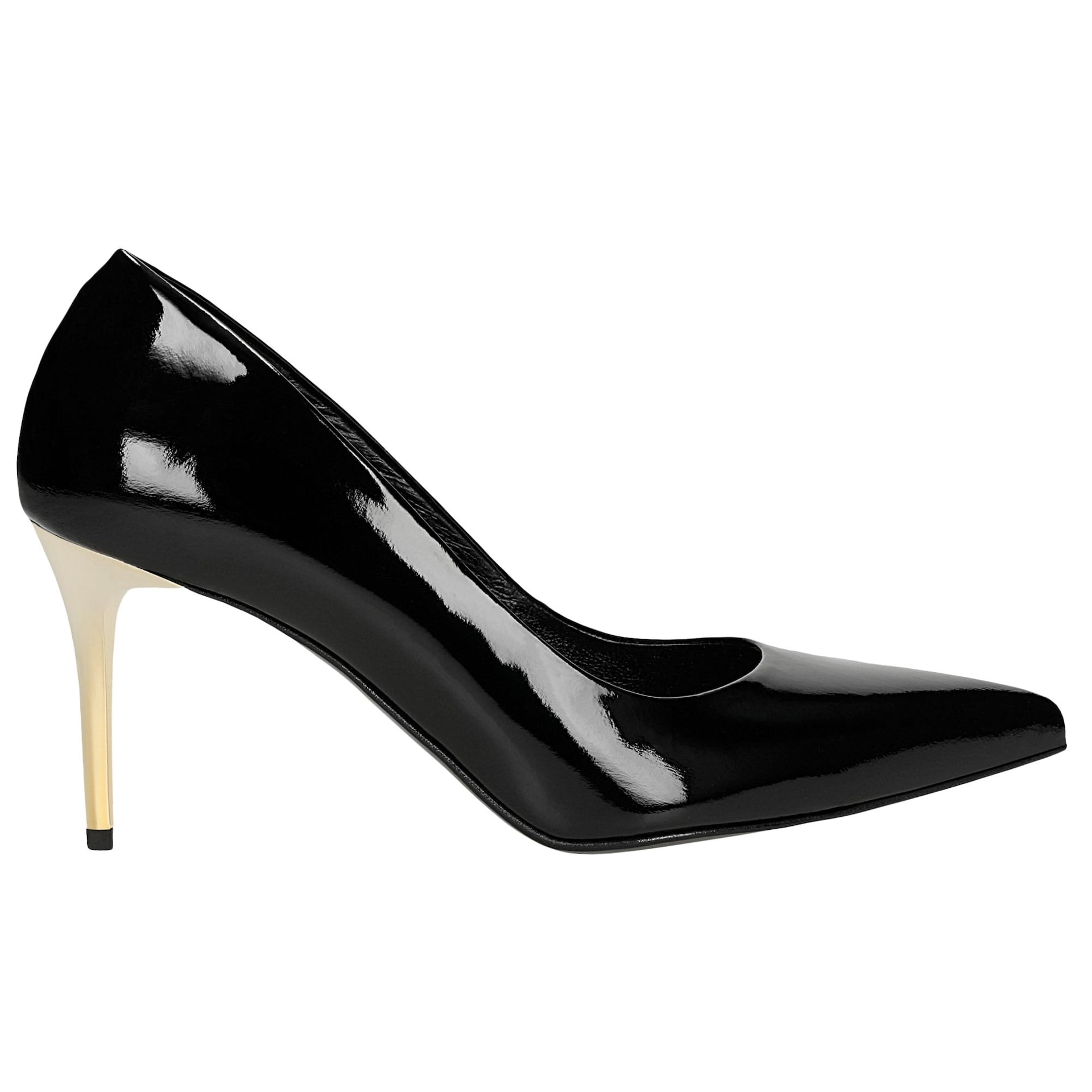 Pantofi damă din piele lăcuită neagră cu toc auriu
