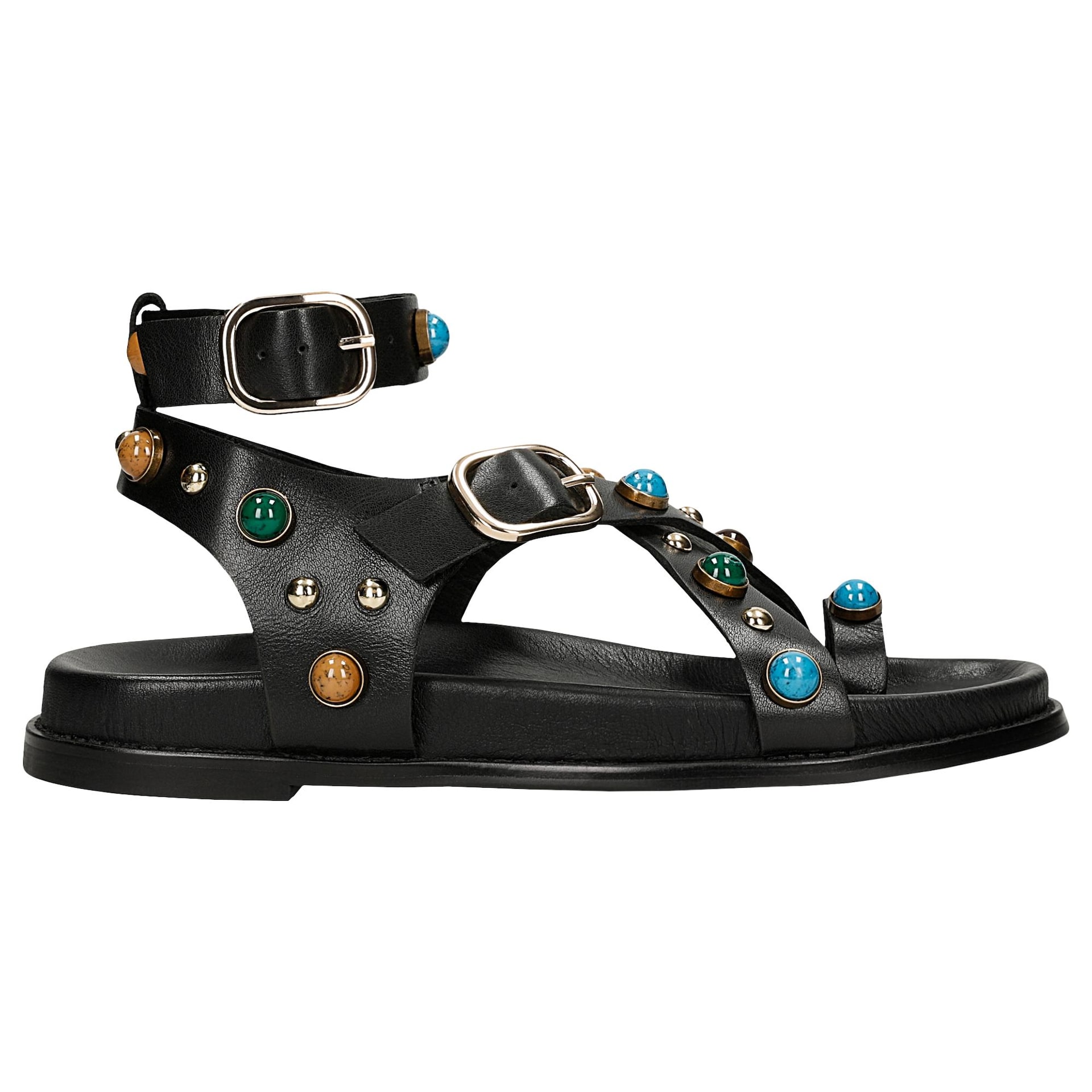 Sandale negre din piele cu ornamente colorate