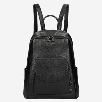Black Leather Women's Backpack with Silver Zips