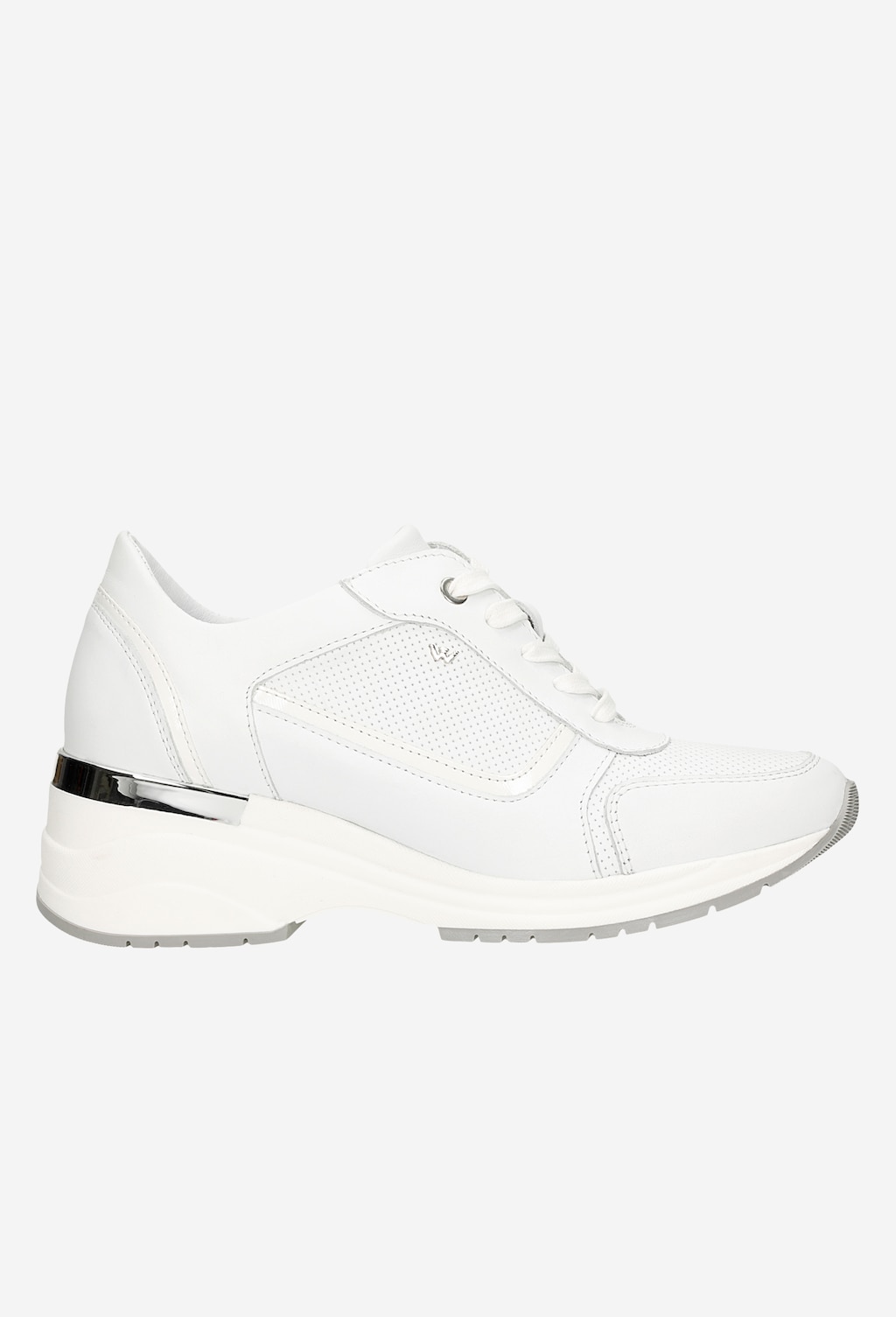 Białe sneakersy damskie Wojas model 46115-79 z perforowaną cholewką, podwyższoną podeszwą i srebrnym detalem na pięcie, idealne do casualowych stylizacji.