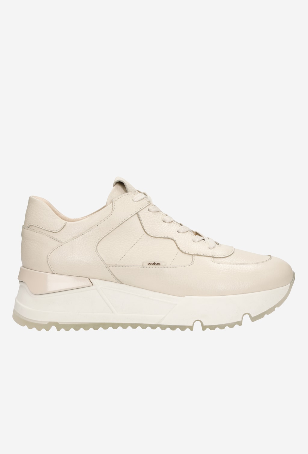 Beżowe skórzane sneakersy damskie Wojas model 46136-54 z wysoką podeszwą, sznurowaniem i charakterystycznym profilowanym spodem, widoczne z boku.