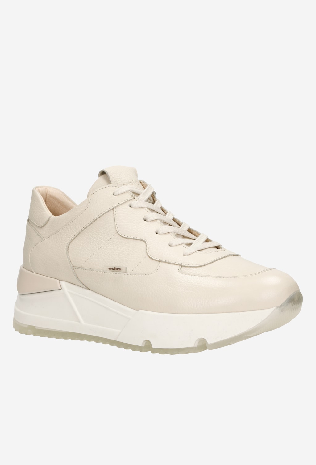 Skórzane sneakersy damskie Wojas 46136-54 w kolorze beżowym z grubą, białą podeszwą, pokazane z boku. Widoczny charakterystyczny sportowy design i sznurówki.