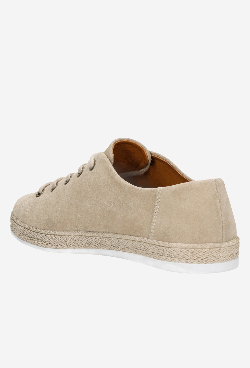 Beżowe półbuty damskie Wojas 46150-64 z dwoiny, widok z boku, z plecioną jutową podeszwą i sznurowanym systemem zapinania, w eleganckiej casualowej stylistyce.