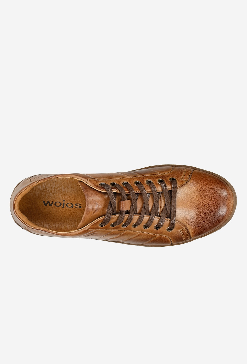 Jasnobrązowe półbuty męskie Wojas model 9080-53 z widocznymi przeszyciami i brązowymi sznurówkami, widok z góry ukazujący wewnętrzną wyściółkę z logo marki.