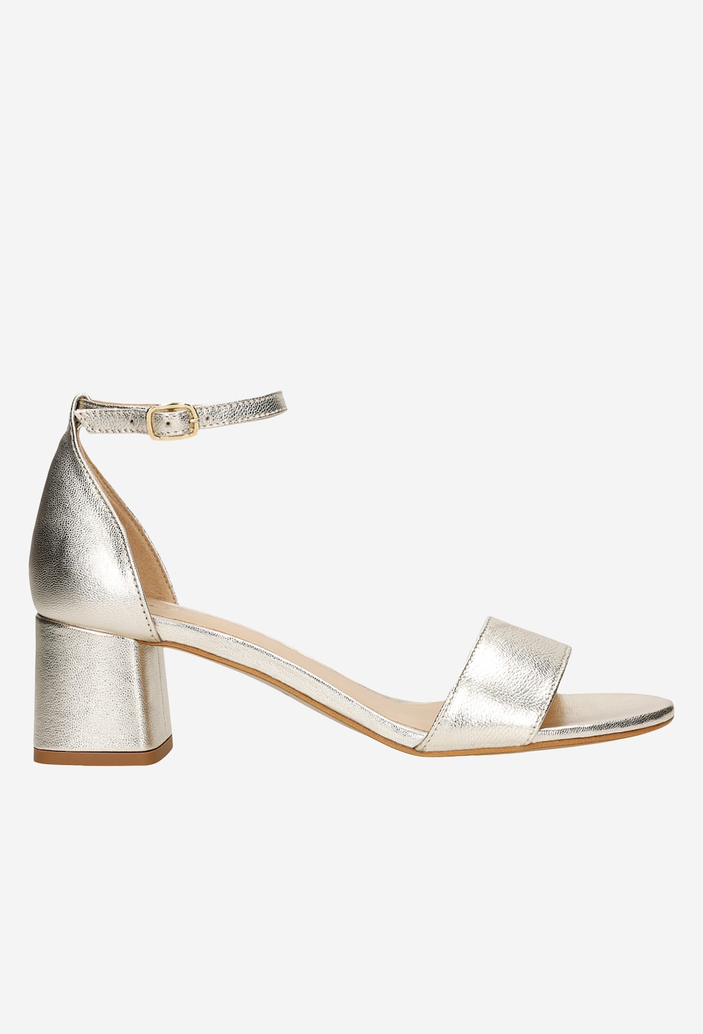 Eleganckie złote sandały damskie Wojas model 76051-58 z paskiem na kostce i szerokim przodkiem, na stabilnym słupkowym obcasie średniej wysokości.