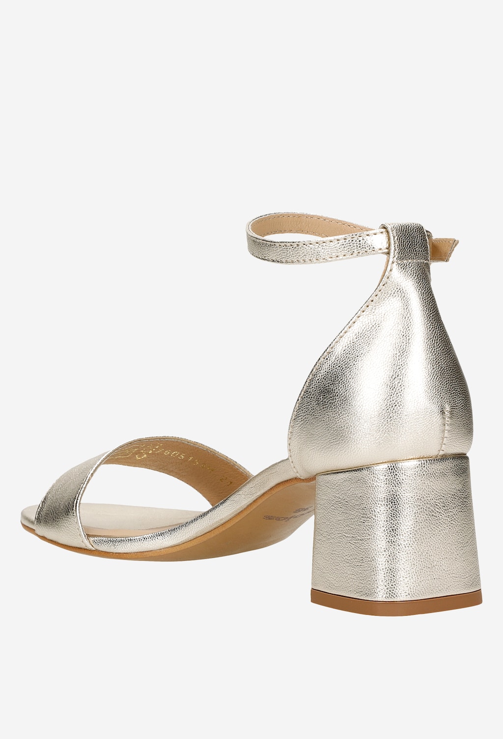 Eleganckie złote sandały damskie Wojas model 76051-58 z paskiem na kostce, otwartym noskiem i stabilnym, kwadratowym obcasem, widoczne z boku.