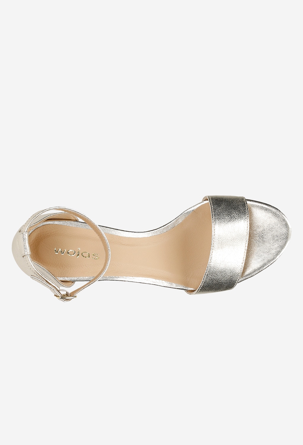 Eleganckie złote sandały damskie Wojas model 76051-58 z widocznym paskiem na przodzie i regulowanym zapięciem wokół kostki, widok z góry.