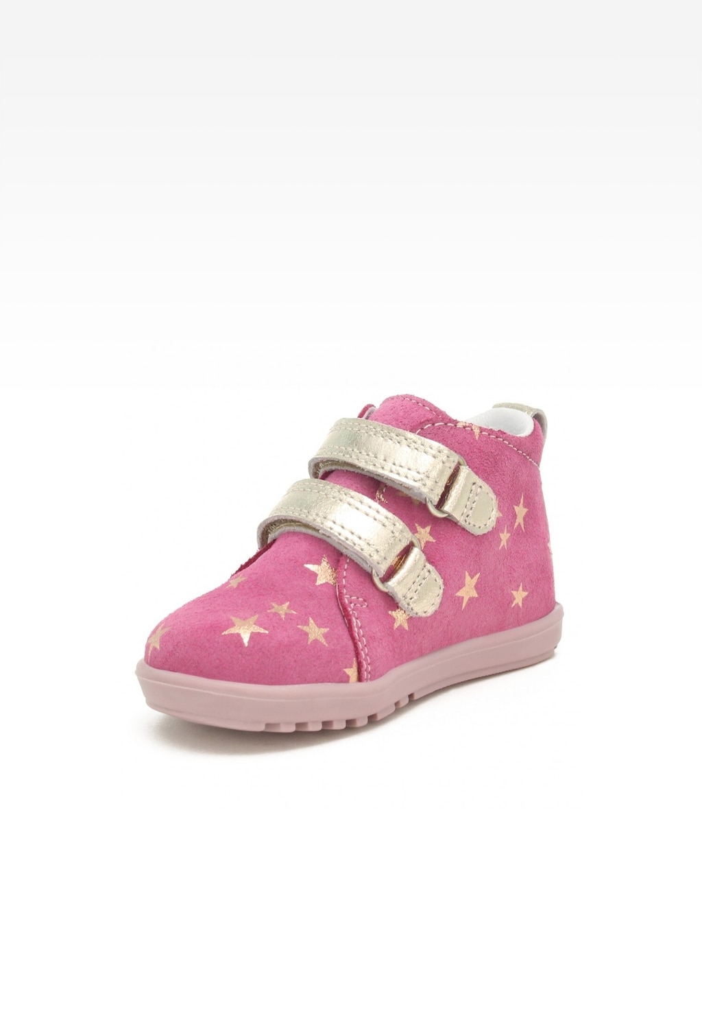 Różowo-złote profilaktyczne buciki Bartek Baby model 11773-037 dla dziewcząt, z gwiazdkami i dwoma rzepami, idealne jako pierwsze buty niemowlęce.