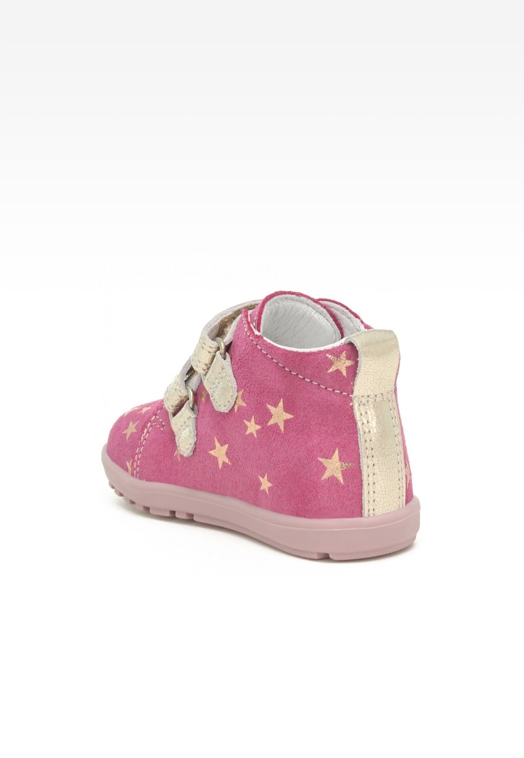 Różowo-złote obuwie profilaktyczne Bartek Baby 11773-037 dla dziewcząt z wzorem w gwiazdki, zapinane na rzepy, widok z boku.