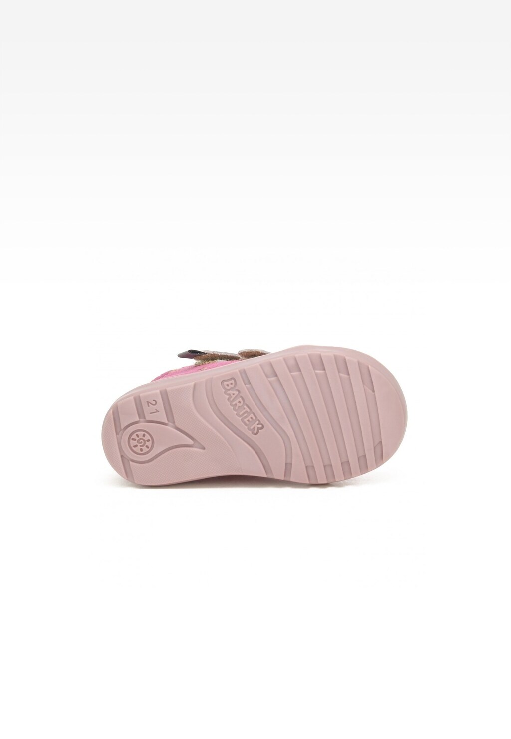 Różowa podeszwa obuwia profilaktycznego Bartek Baby 11773-037 dla dziewcząt, z widocznym logo marki Bartek i numerem rozmiaru 21, wykonana z wytrzymałego materiału o profilowanej strukturze.