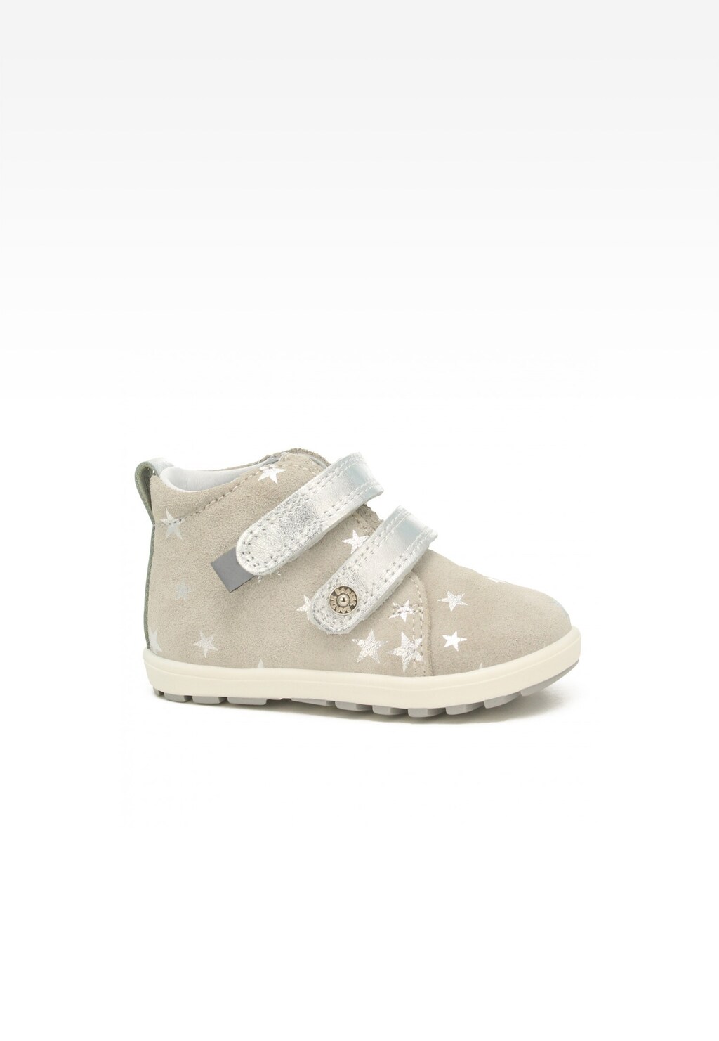 Szaro-srebrne buty profilaktyczne Bartek Baby dla dziewcząt, model 11773-038, z dwiema rzepami, ozdobione wzorem białych gwiazdek, widok z boku.