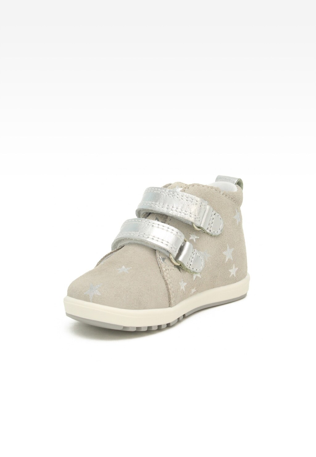 Szaro-srebrne buty profilaktyczne Bartek 11773-038 dla dziewcząt z wzorem gwiazdek, zapinane na dwa rzepy, pokazane z boku na jasnej podeszwie.