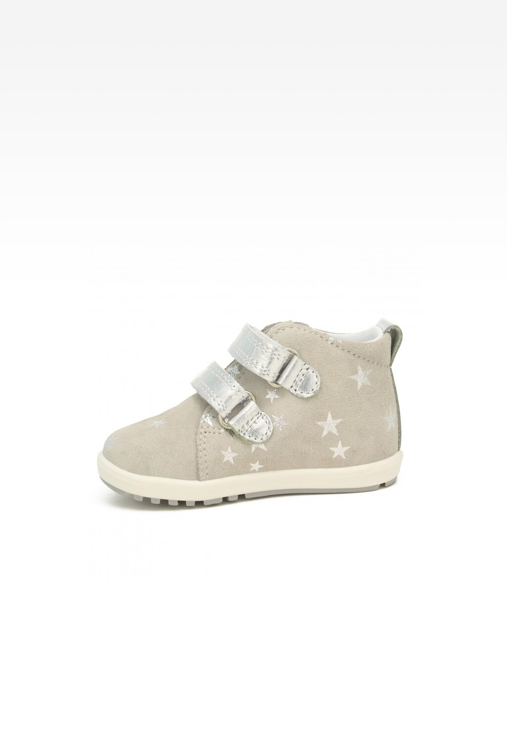 Szaro-srebrne buty profilaktyczne Bartek Baby 11773-038 dla dziewcząt z dwoma rzepami, ozdobione białymi gwiazdkami, na jasnej podeszwie.