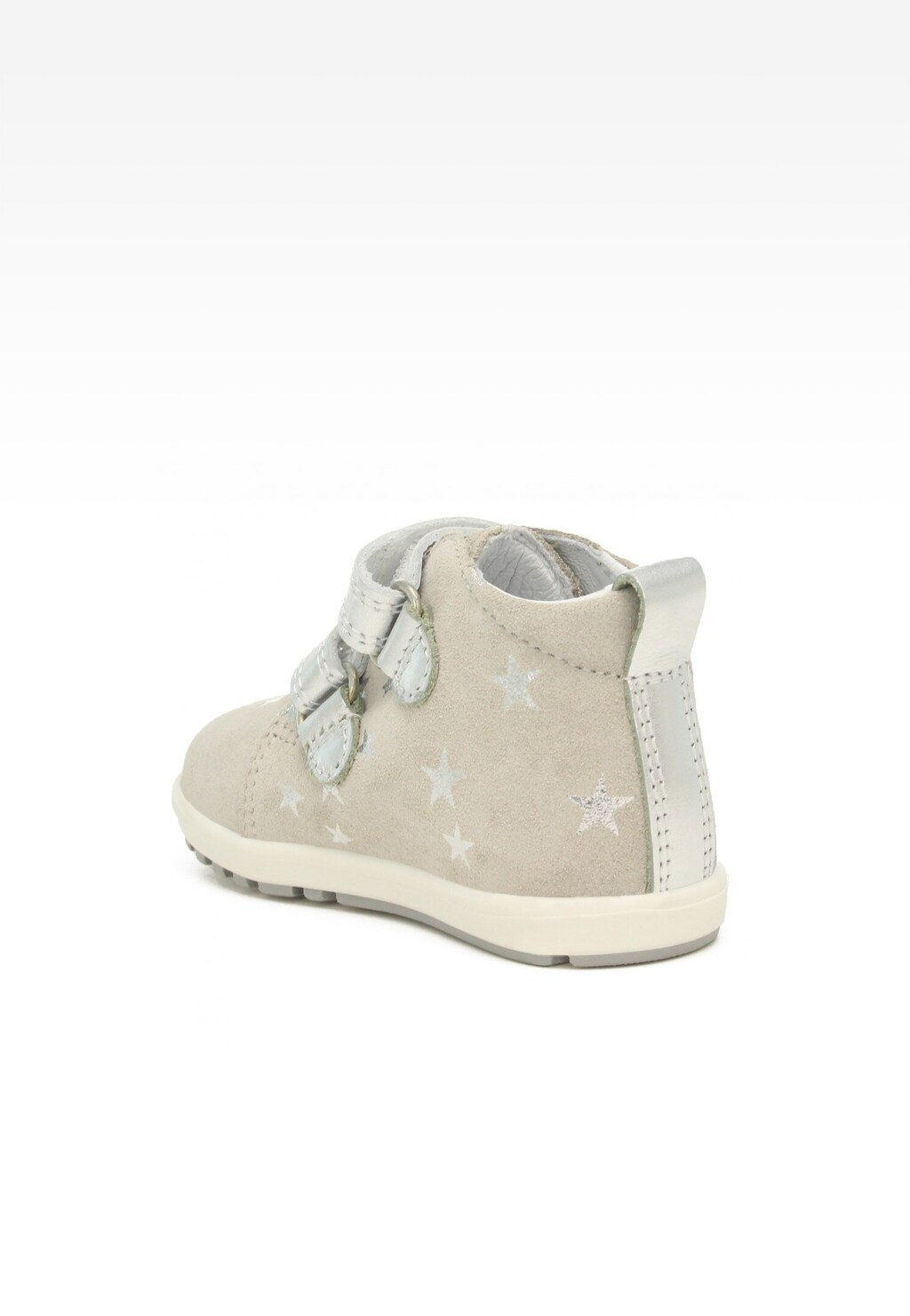 Szaro-srebrne obuwie profilaktyczne Bartek dla dziewcząt model 11773-038 z gwiazdkowym wzorem, zapinane na rzepy, widok z boku.