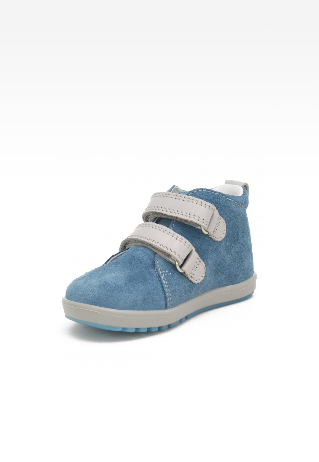 Niebiesko-szare obuwie profilaktyczne Bartek Baby 11773-039 dla chłopców z dwoma rzepami w kolorze jasnym, wykonane z zamszu, z białymi elementami podeszwy.