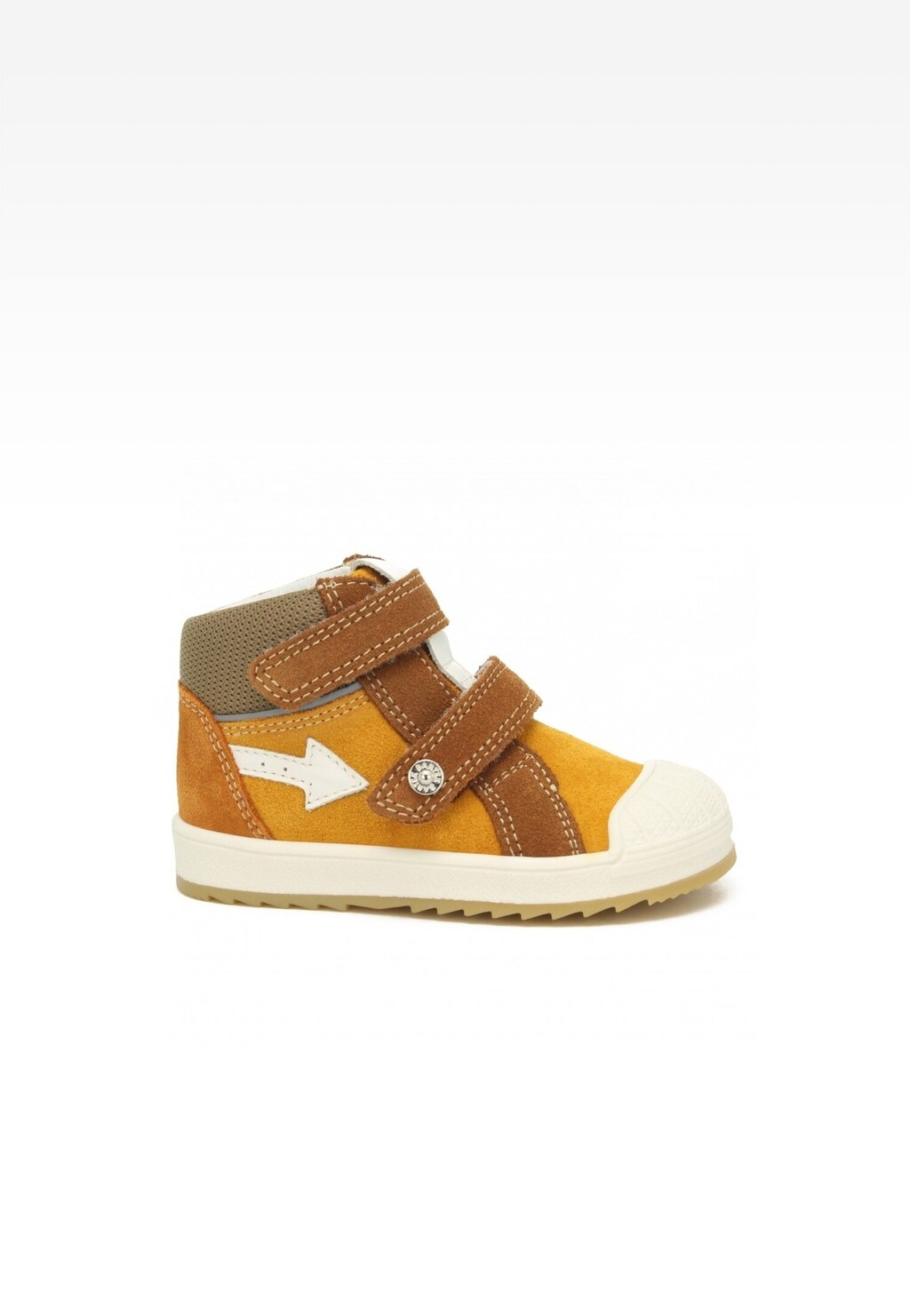 Pomarańczowe sneakersy dziecięce BARTEK 11948046 z dwoma rzepami, białą strzałką na boku i antypoślizgową podeszwą. Obuwie wykonane z połączenia skóry i materiału tekstylnego.