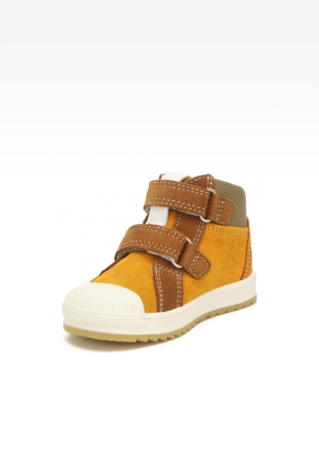 Dziecięce pomarańczowe sneakersy Bartek 11948046 z zapięciem na rzepy, wykonane z zamszu i materiału tekstylnego, z białą podeszwą i kontrastowymi brązowymi paskami.