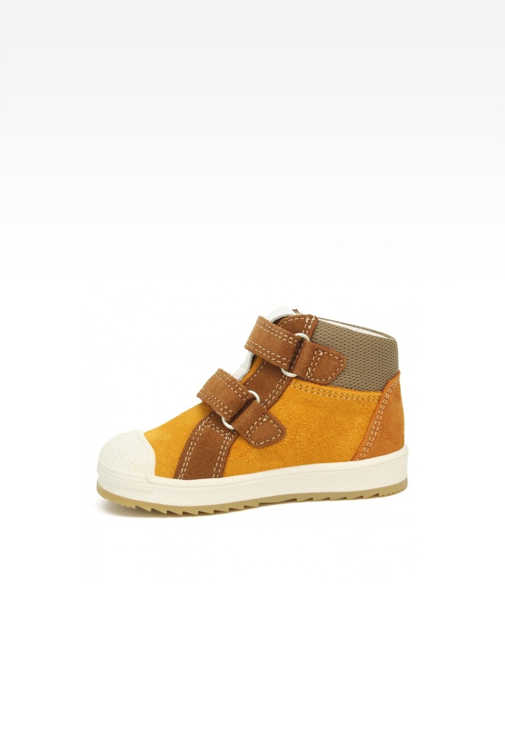 Pomarańczowe sneakersy dziecięce Bartek 11948046 z rzepami, wykonane z zamszu, z brązowymi wstawkami i białą podeszwą, widok z boku.