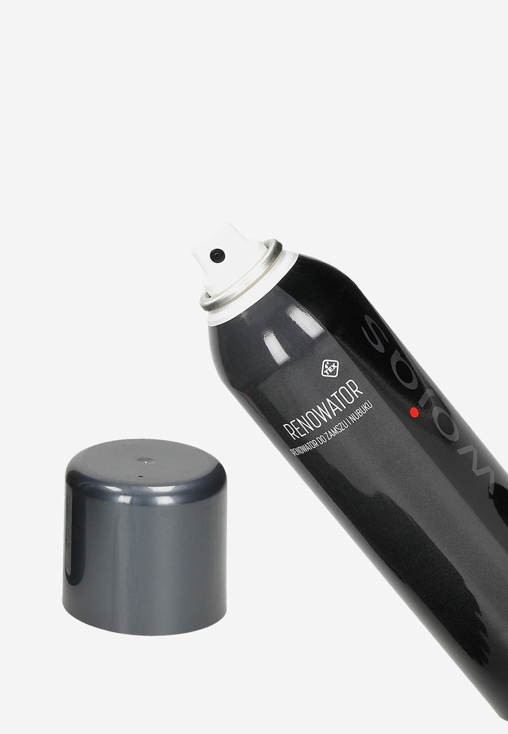 Czarny spray Renowator Wojas model 99010-01 do odświeżania obuwia, z białą końcówką rozpylającą i zdjętą szarą nakrętką ochronną.