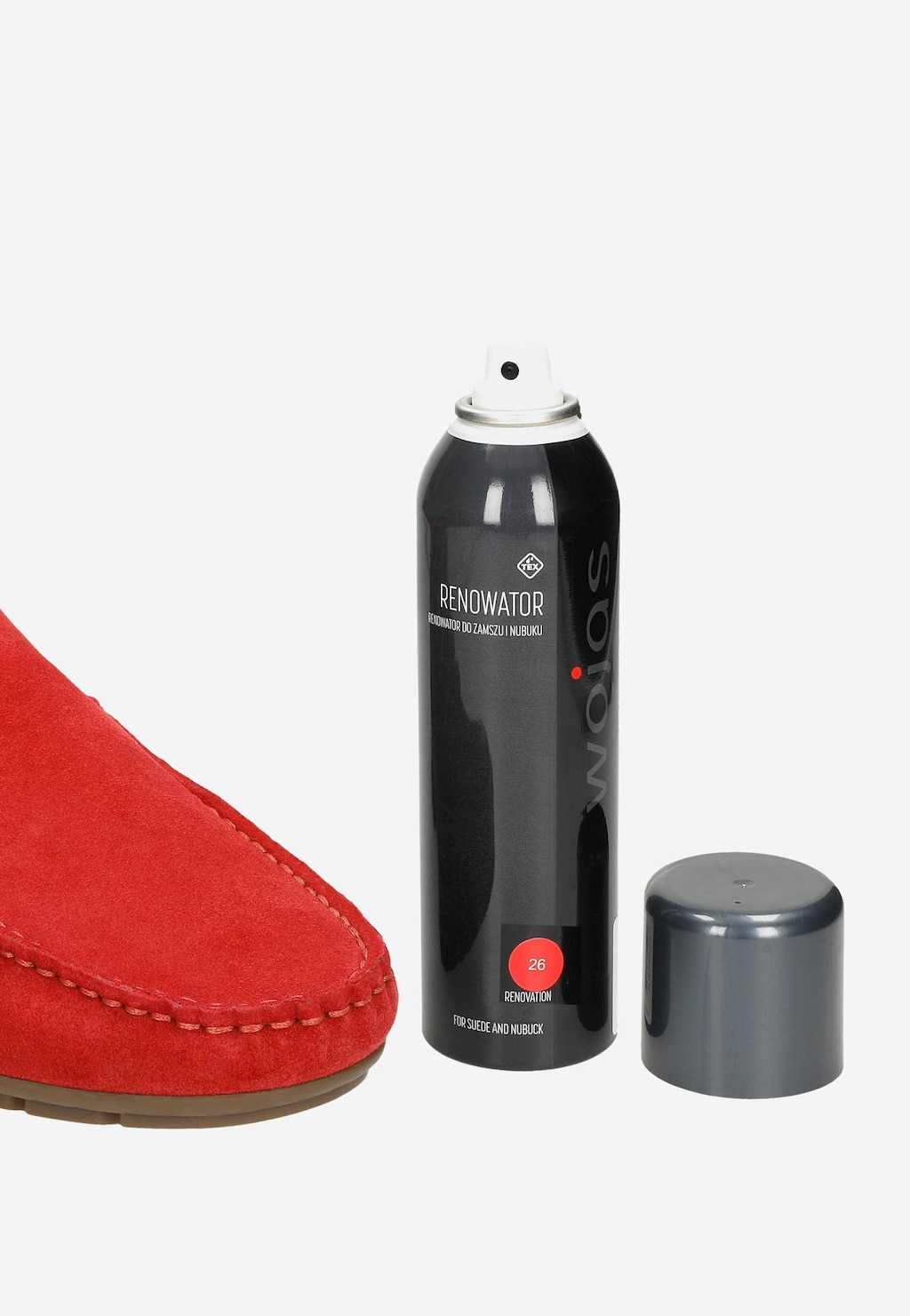 Renowator czerwony model 99010-05 marki Wojas - spray do pielęgnacji czerwonego obuwia z zamszowego materiału. Obok widoczny fragment czerwonego zamszowego buta.