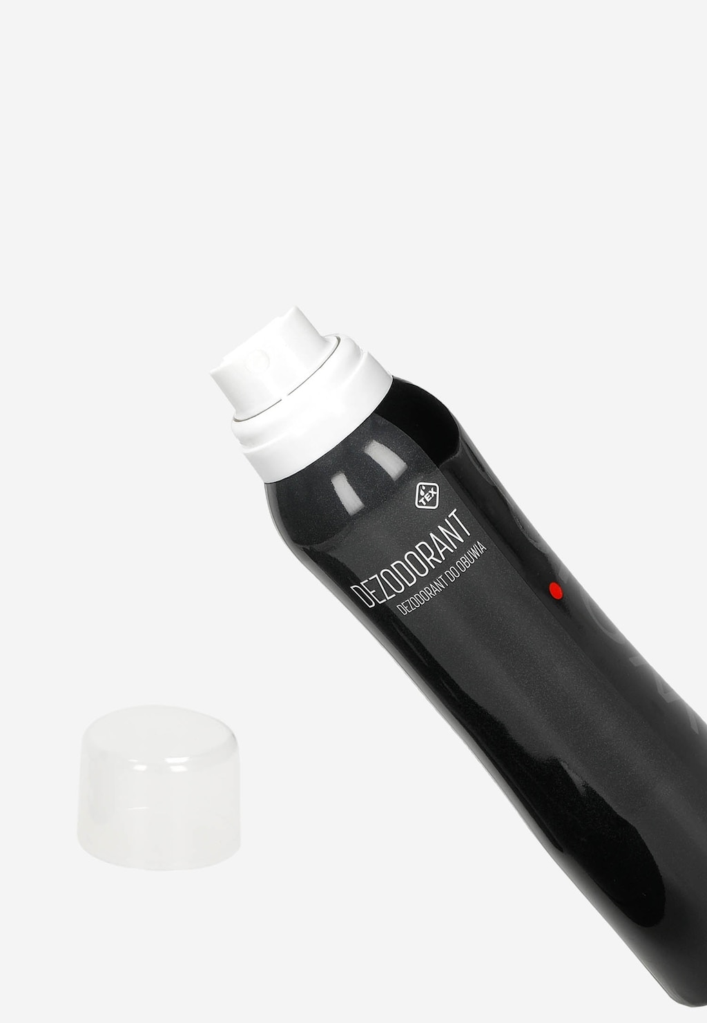 Dezodorant spray Wojas 150 ml, model 99014-00, w czarnym opakowaniu z białą nakrętką. Obok widoczna transparentna nakładka ochronna.