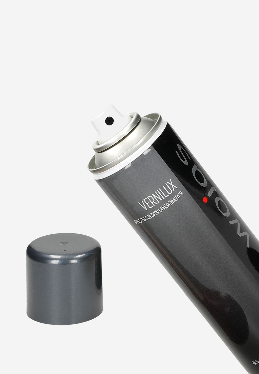 Spray do pielęgnacji obuwia Wojas VERNILUX 250 ml model 99013-00 w szarym aerozolu z białą nasadką, widoczna górna część opakowania z dyszą rozpylającą.
