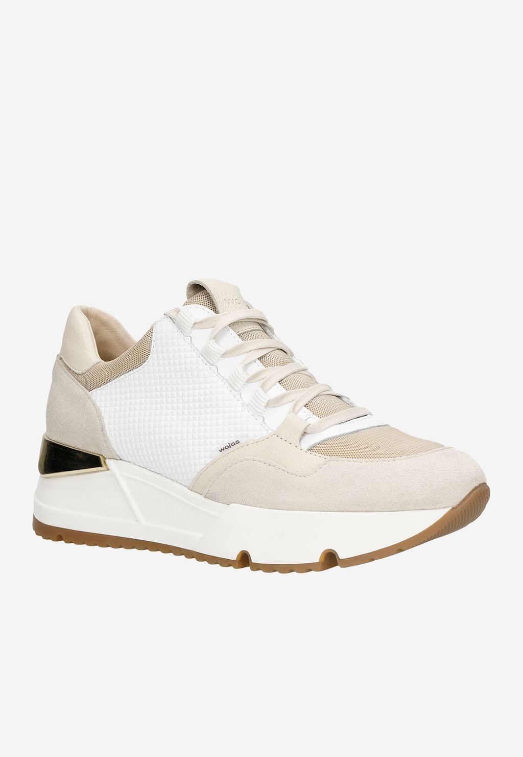 Biało-beżowe sneakersy damskie Wojas 46137-89, widok z boku, z teksturowaną cholewką, sznurówkami i gumową podeszwą. Stylowe obuwie sportowe na grubej podeszwie.
