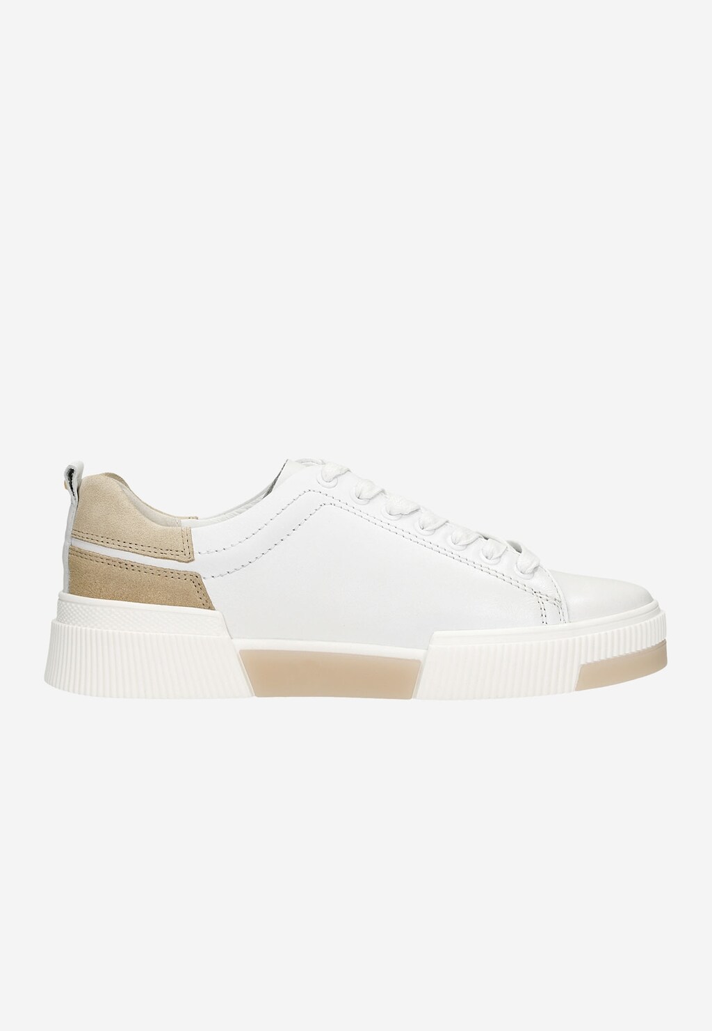 Białe trampki damskie Wojas model 46121-54 z modnymi beżowymi akcentami na pięcie i podeszwie, widok z boku ukazujący sportowy design i sznurowanie.