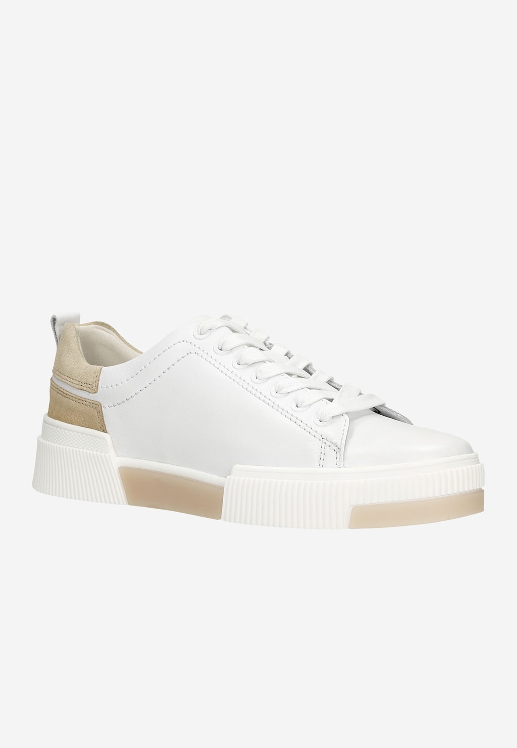 Białe trampki damskie Wojas model 46121-54 z beżowymi akcentami na pięcie, widoczne z boku, na białej platformowej podeszwie z beżowym elementem.