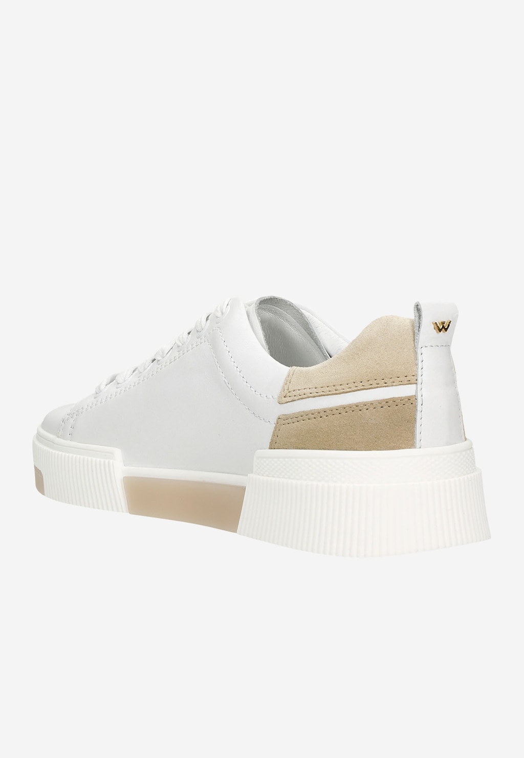 Białe trampki damskie Wojas model 46121-54 z boku, z charakterystycznymi beżowymi akcentami na pięcie i podeszwie oraz logo W na tylnej części buta.