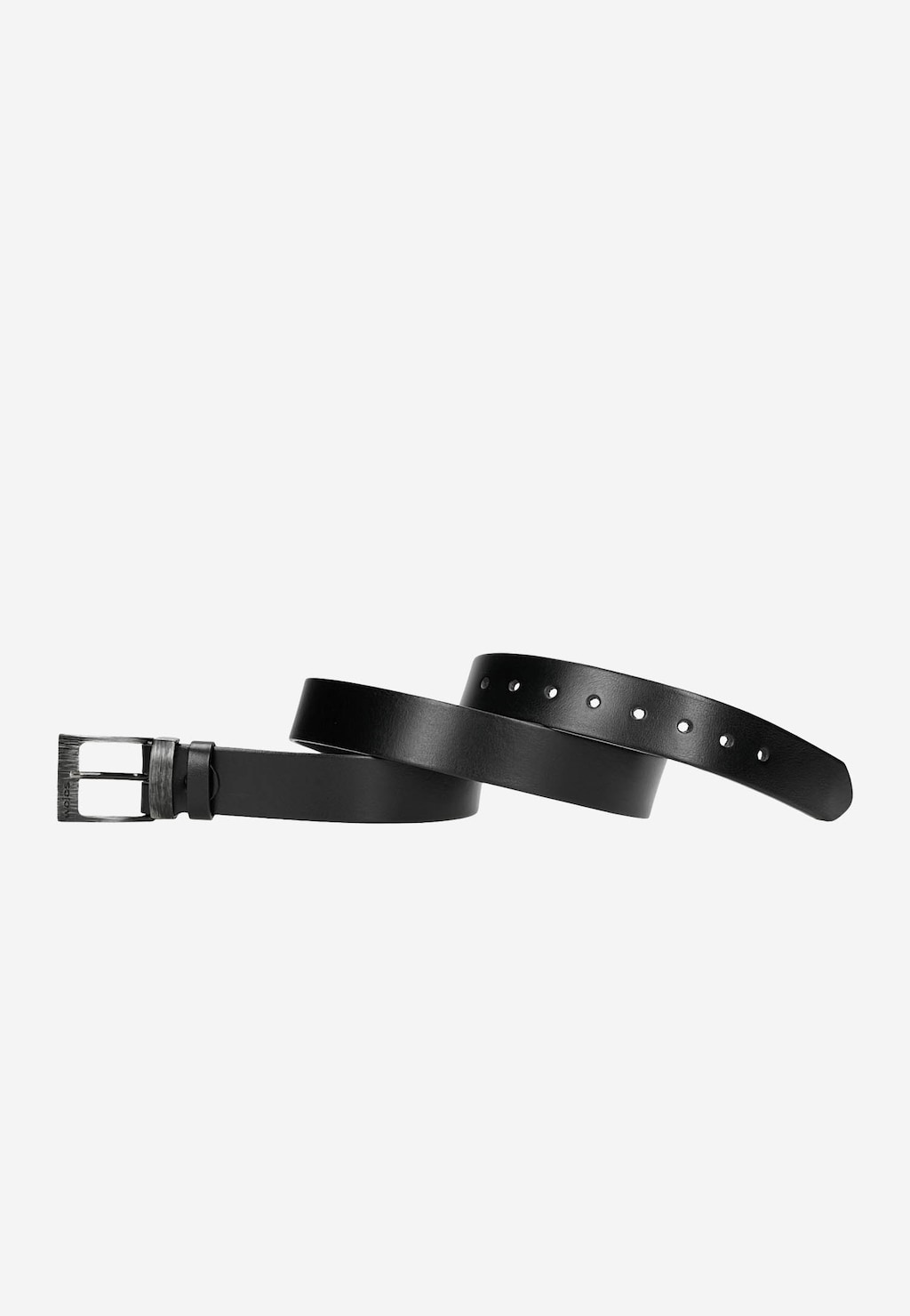 Elegancki czarny pasek męski Wojas model 07CZRG40 wykonany ze skóry naturalnej, z metalową klamrą i regulowanymi otworami, pokazany z góry w układzie poziomym.