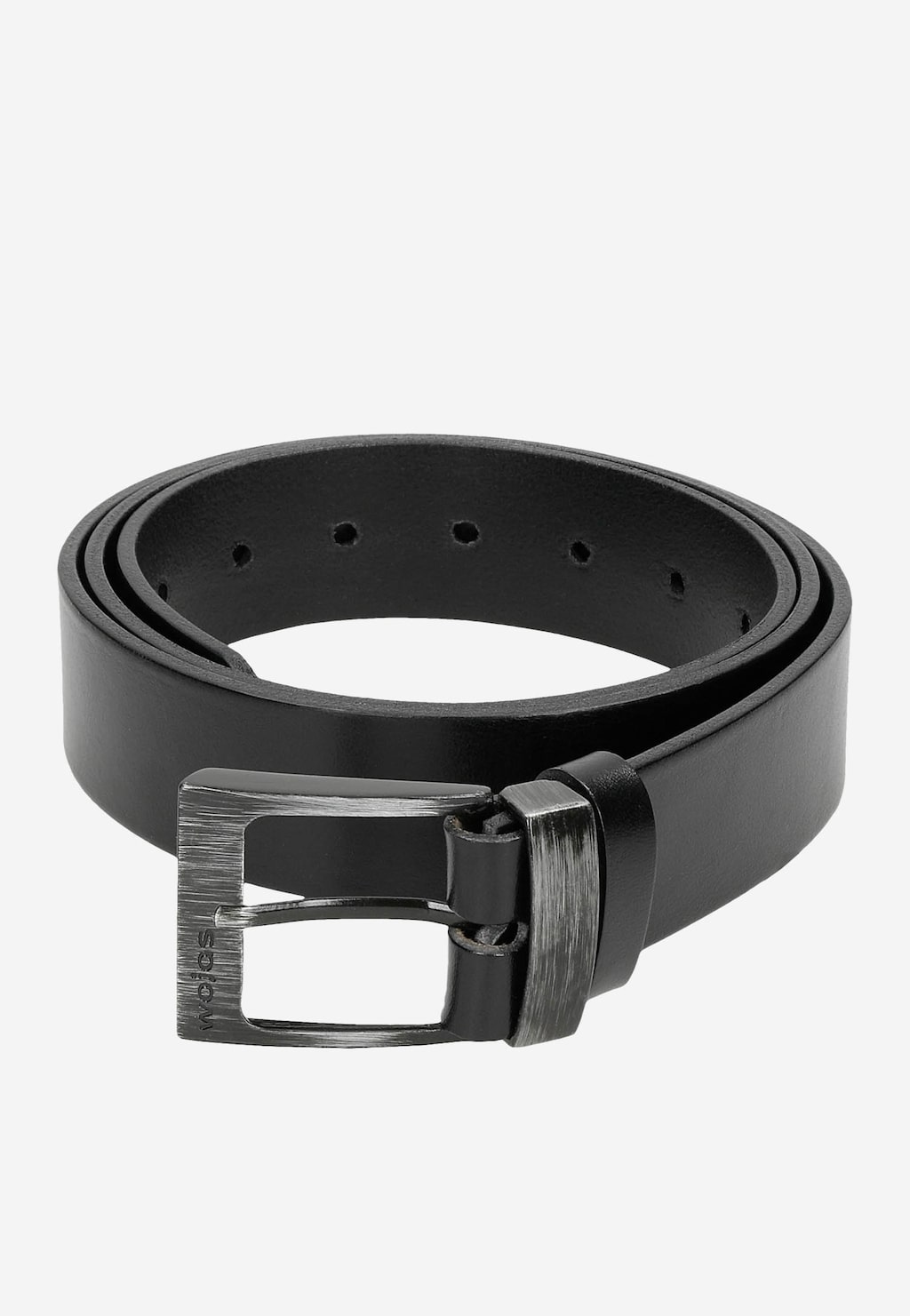 Skórzany czarny pasek męski Wojas model 07CZRG40 z metalową klamrą w kolorze srebrnym, zwinięty w okrąg, widoczne dziurki do regulacji długości.