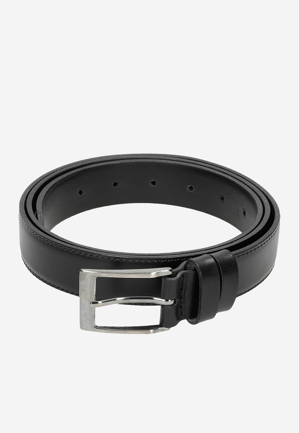 Elegancki skórzany pasek męski Wojas 30T04CZR w kolorze czarnym z metalową srebrną klamrą, zwinięty w okrąg, ukazujący otwory regulacyjne.