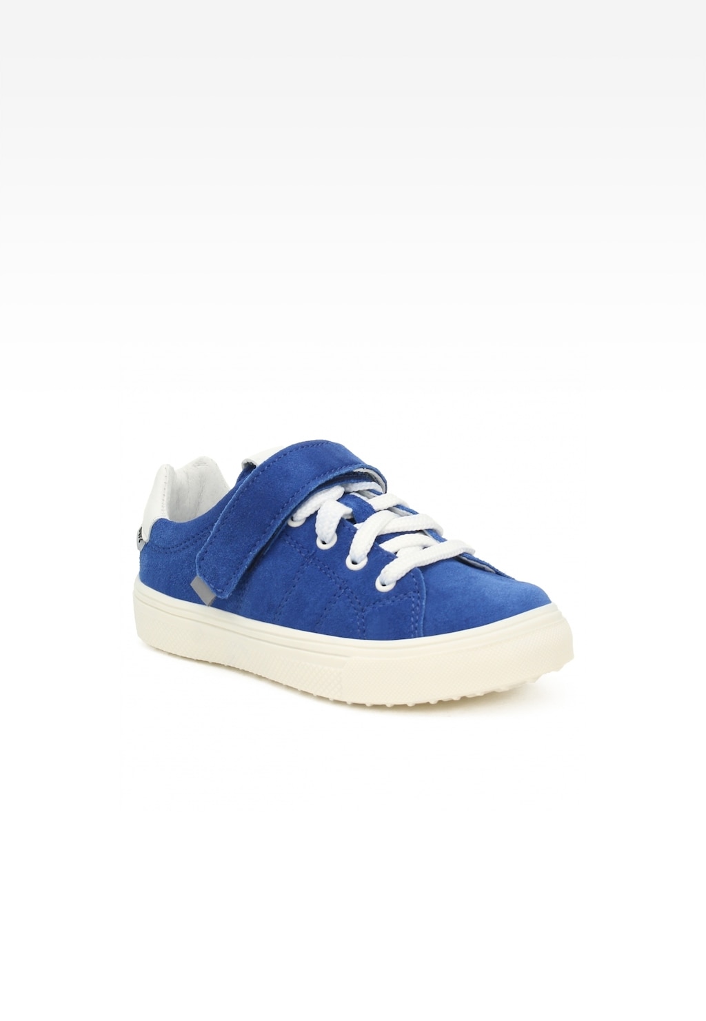 Niebieskie zamszowe półbuty dziecięce Bartek 18630001 z rzepem i białymi sznurówkami, na kremowej podeszwie, widok z boku.