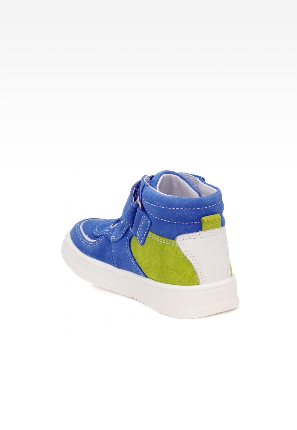 Dziecięce trzewiki BARTEK 14566017 w niebiesko-zielonym kolorze z rzepem i kontrastowymi wstawkami, widok z boku ukazujący wyścielaną cholewkę i białą podeszwę.