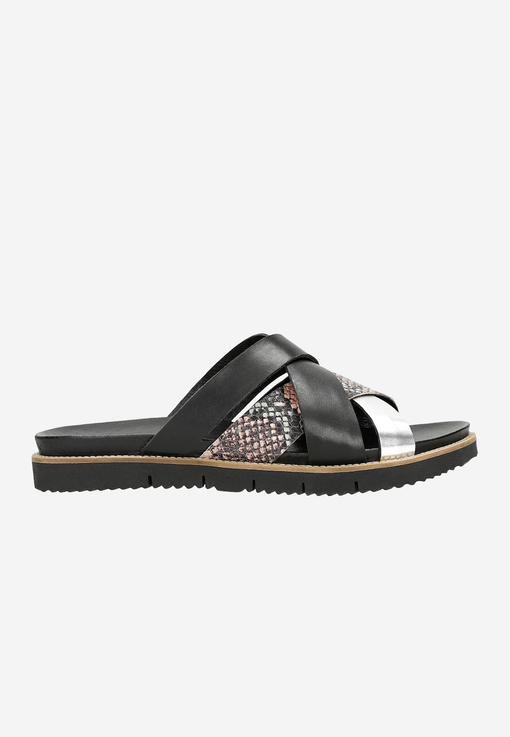 Czarne skórzane klapki damskie z ozdobionymi paskami 74057-51 Widok 2