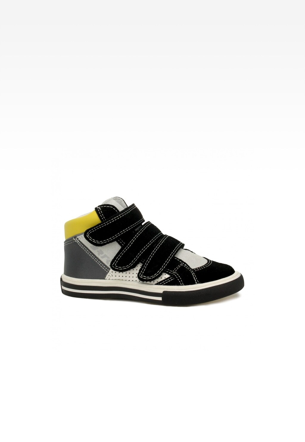 Trzewiki dziecięce BARTEK 94281-003 w kolorach szaro-czarnych z żółtym kołnierzem, zapinane na rzepy, widoczne z boku, idealne na jesień i zimę.